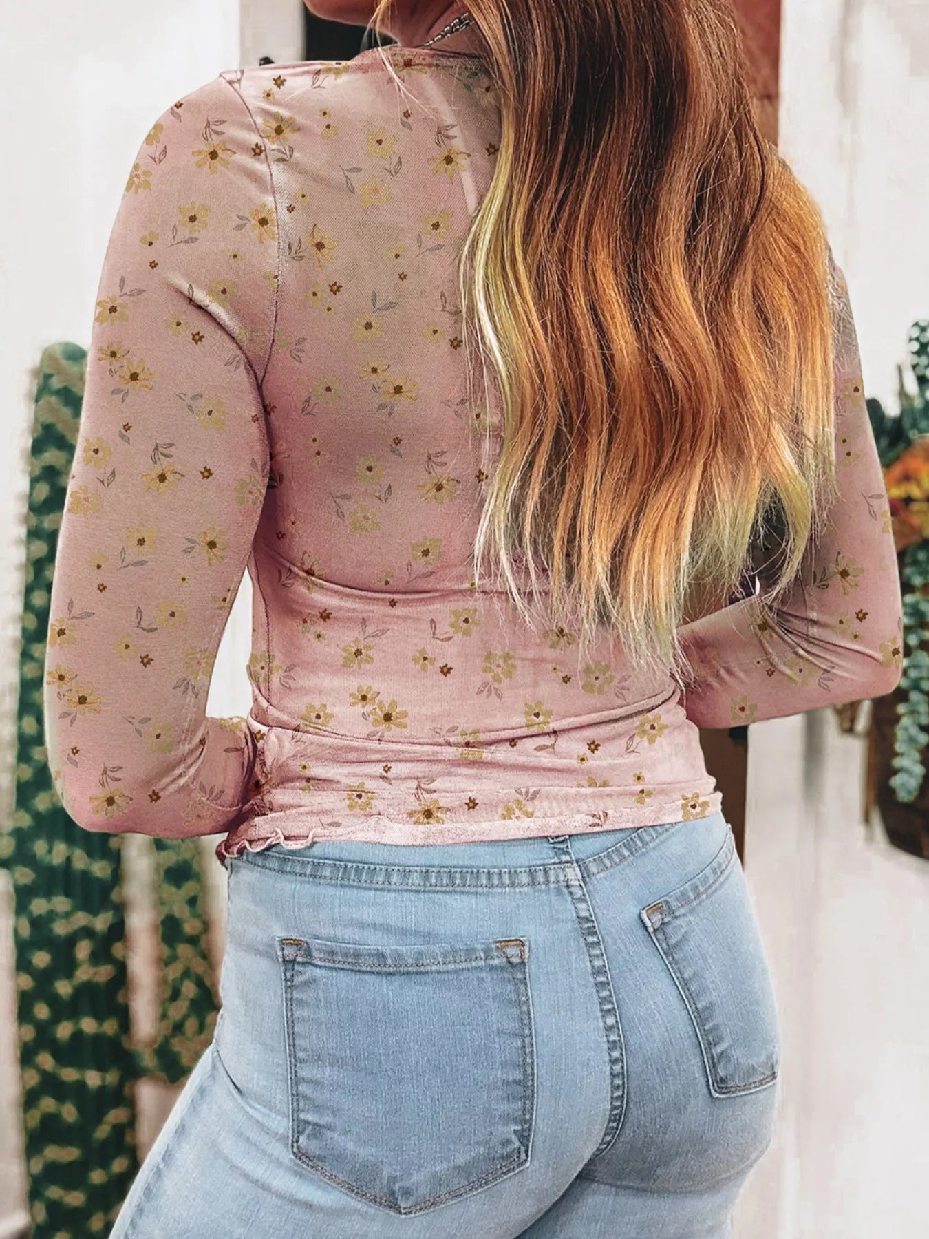 Floral Print Long Sleeve Mesh Blouse