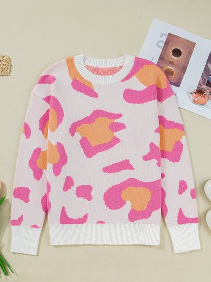 Leopard Print Drop Shoulder Baggy Sweater