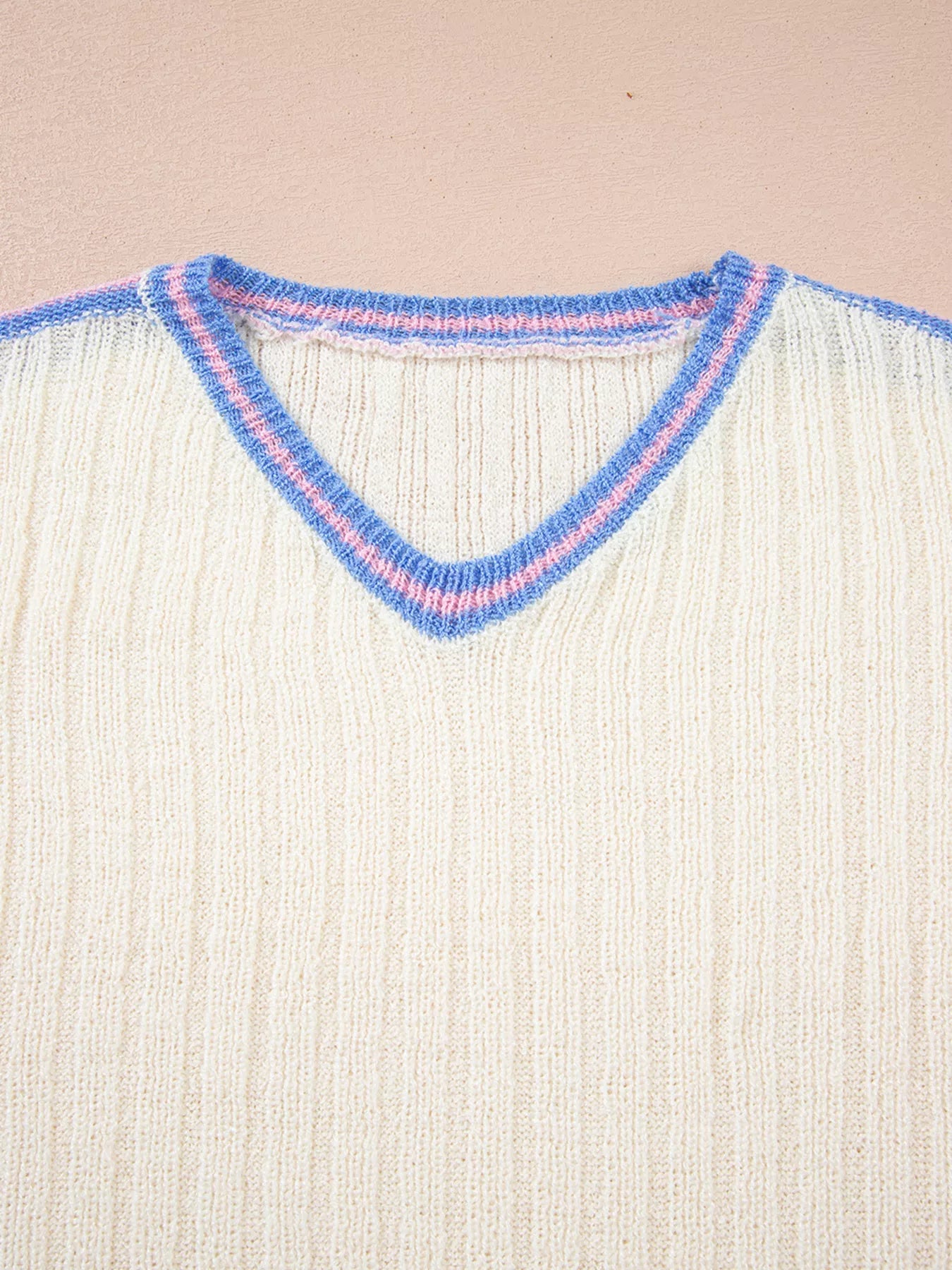 Striped V Neck Dolman Sleeve Rib Knit Oversized Sweater with Slits