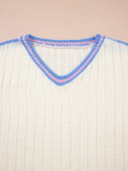 Striped V Neck Dolman Sleeve Rib Knit Oversized Sweater with Slits