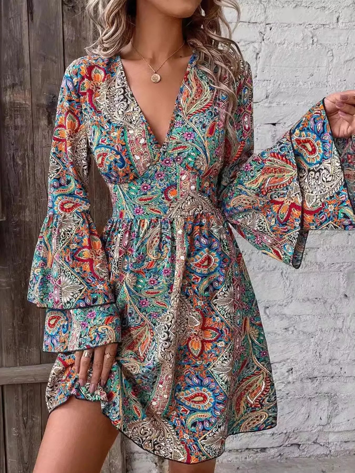Paisley Print V-Neck Flounce Sleeve Dress
