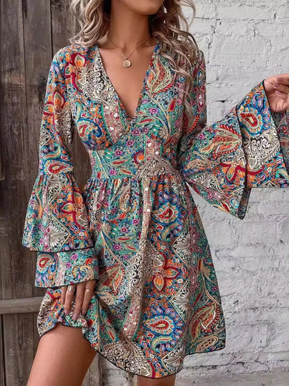 Paisley Print V-Neck Flounce Sleeve Dress