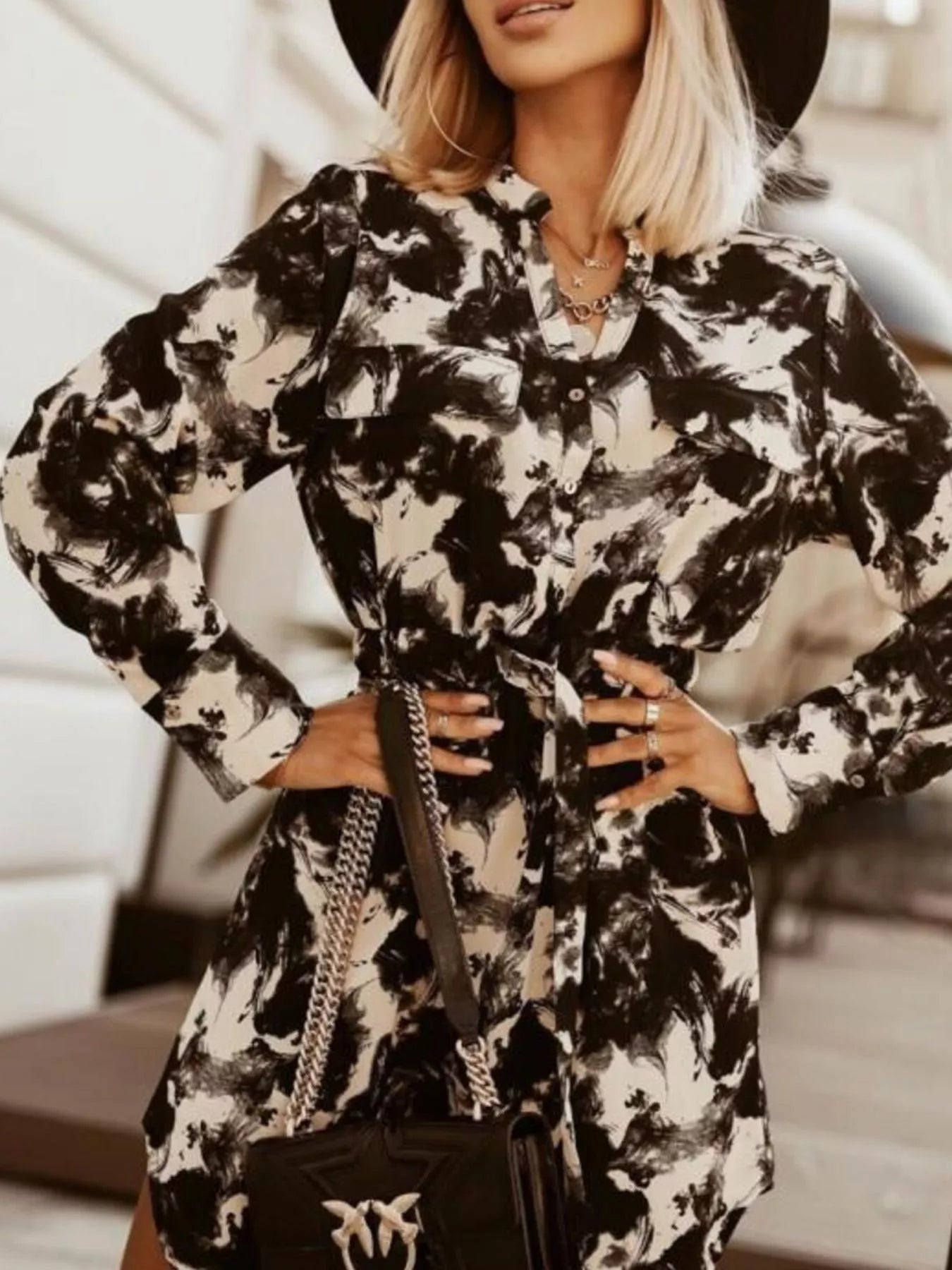 Printed Button Front Long Sleeve Dress