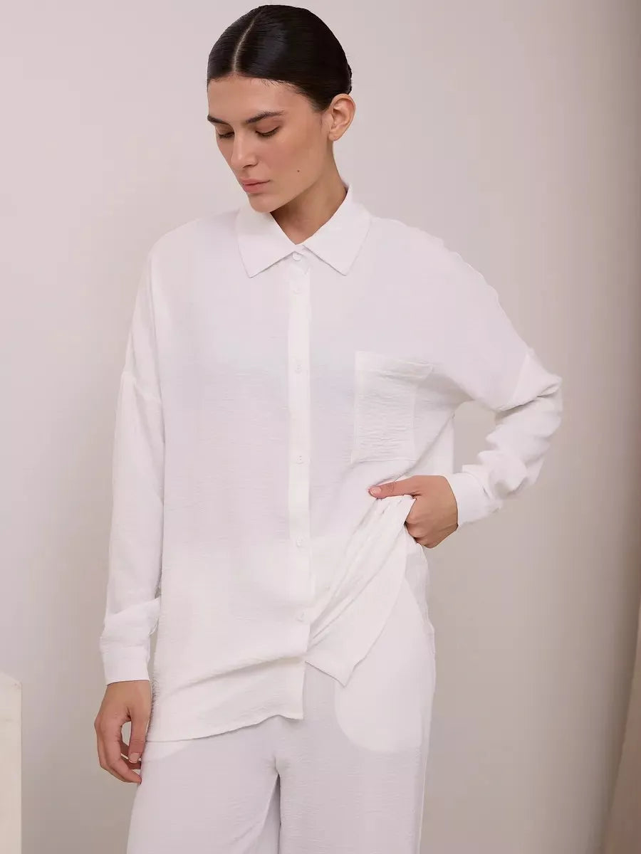Button Up Long Sleeve Shirt and Pants Set White