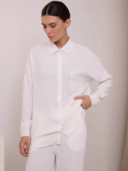 Button Up Long Sleeve Shirt and Pants Set White