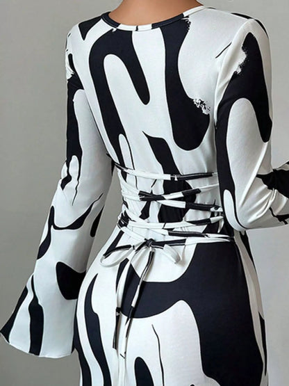 Abstract Print Long Sleeve Maxi Dress