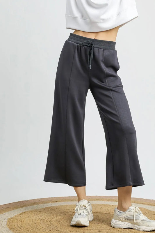 Umgee Drawstring Wide Leg Cropped Pants Dark Gray