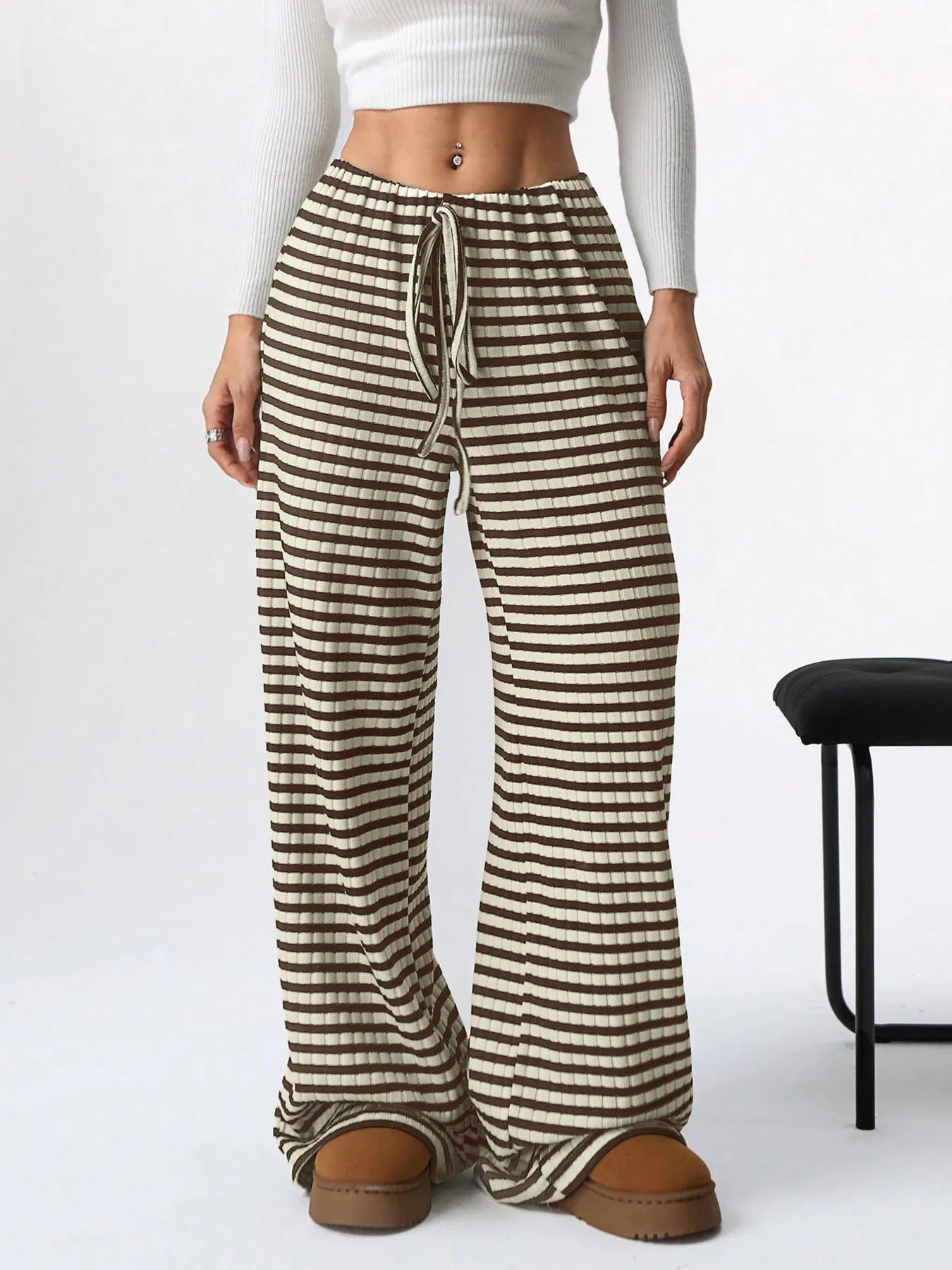 Striped Wide Leg Drawstring Pants Coffee Brown