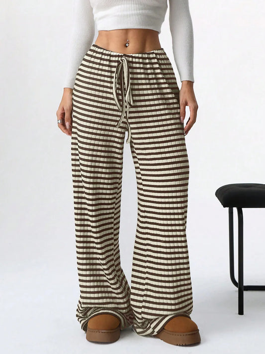 Striped Wide Leg Drawstring Pants Coffee Brown