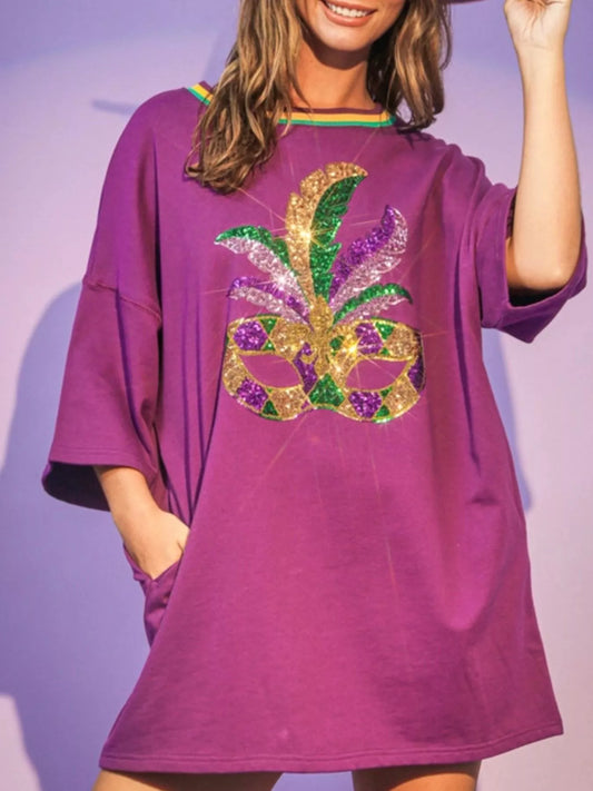 Sequin Round Neck 3/4 Sleeve Dress Purple