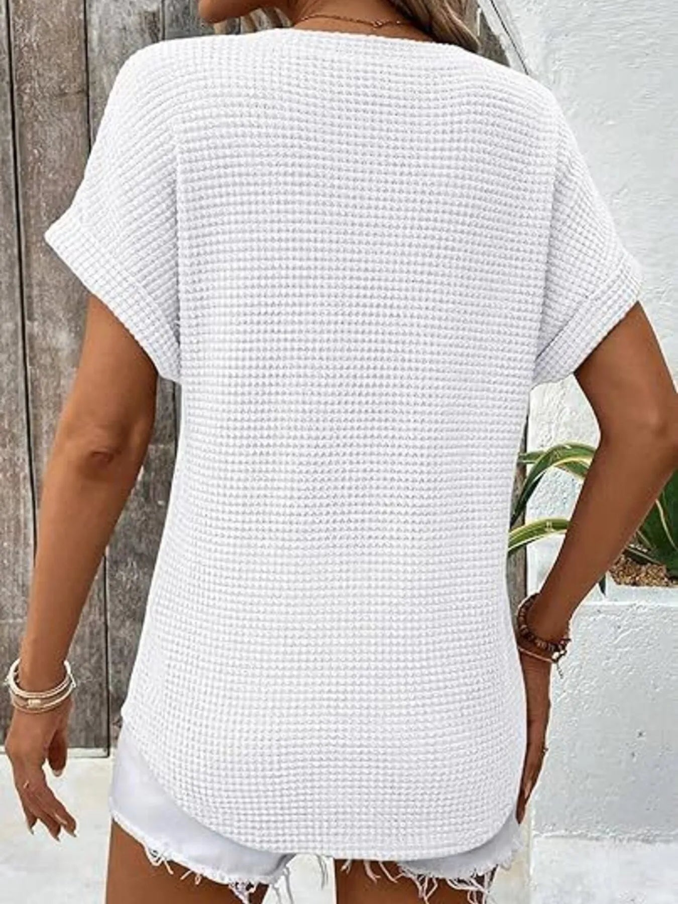 Waffle Knit V-Neck Casual T-Shirt