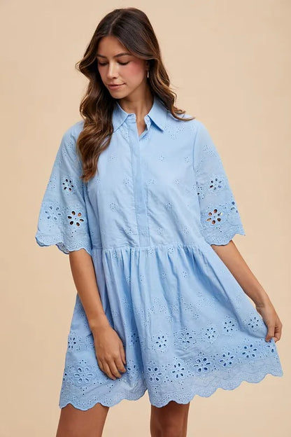 Annie Wear Embroidered Scallop Edge Detail Mini Shirt Dress SKY