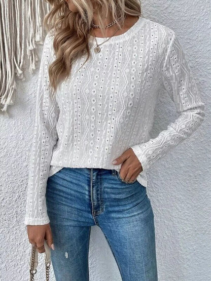 Full Size Eyelet Round Neck Long Sleeve Blouse Plus Size