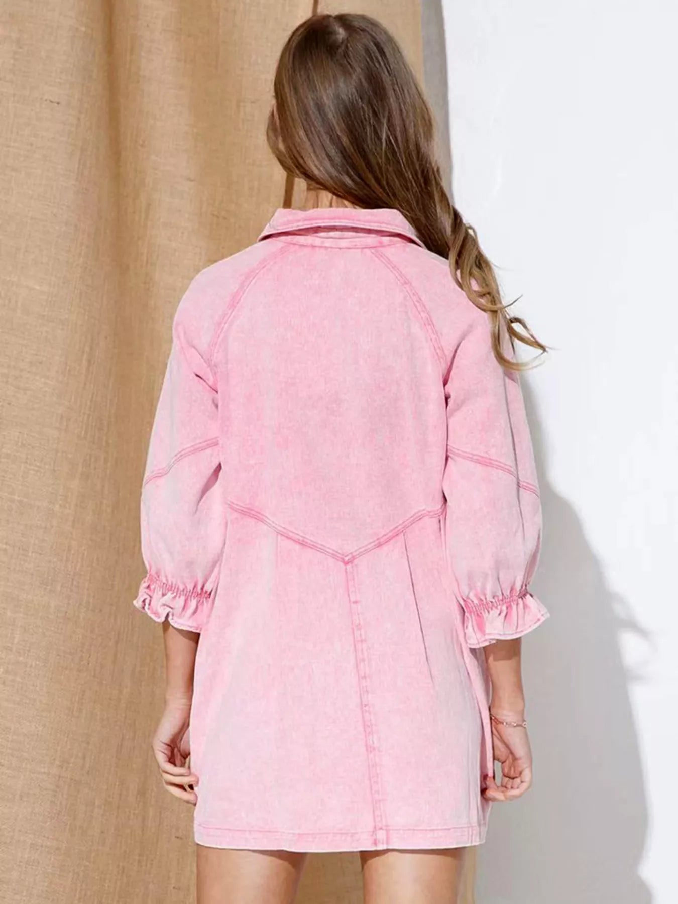 Ruffled Cuff Button-Down Denim Dress