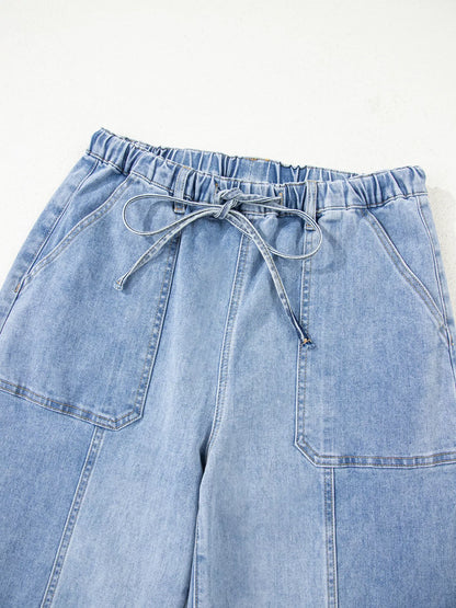 Wide Leg Drawstring Raw Hem Jeans