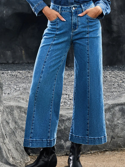 Seam Detail Flared Bottom Ankle Length Jeans Dark Blue