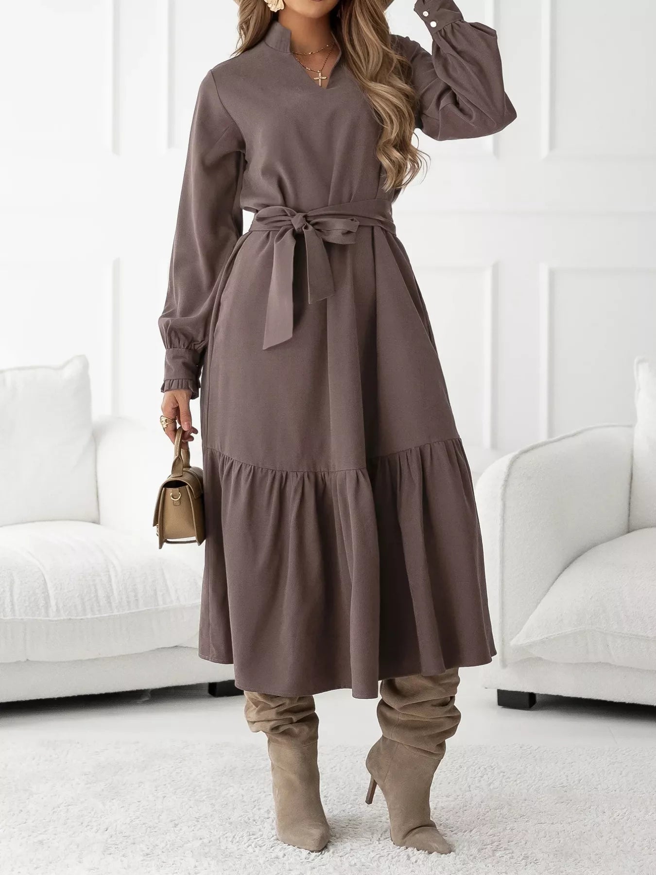 Long Sleeve Tie Waist Ruffle Hem Midi Dress Coffee Brown
