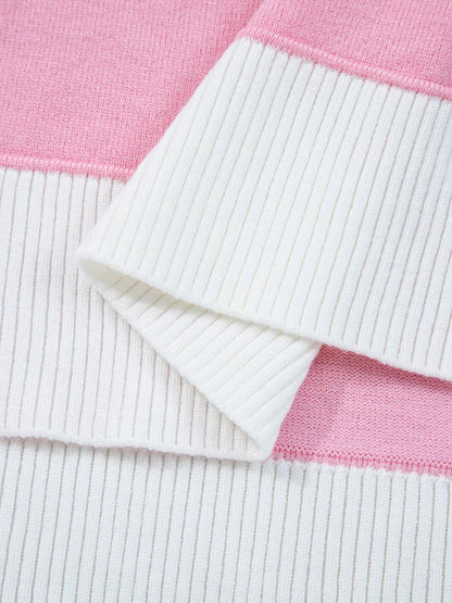 Contrasting Polo Collar Color Block Knit Drop Shoulder Sweater