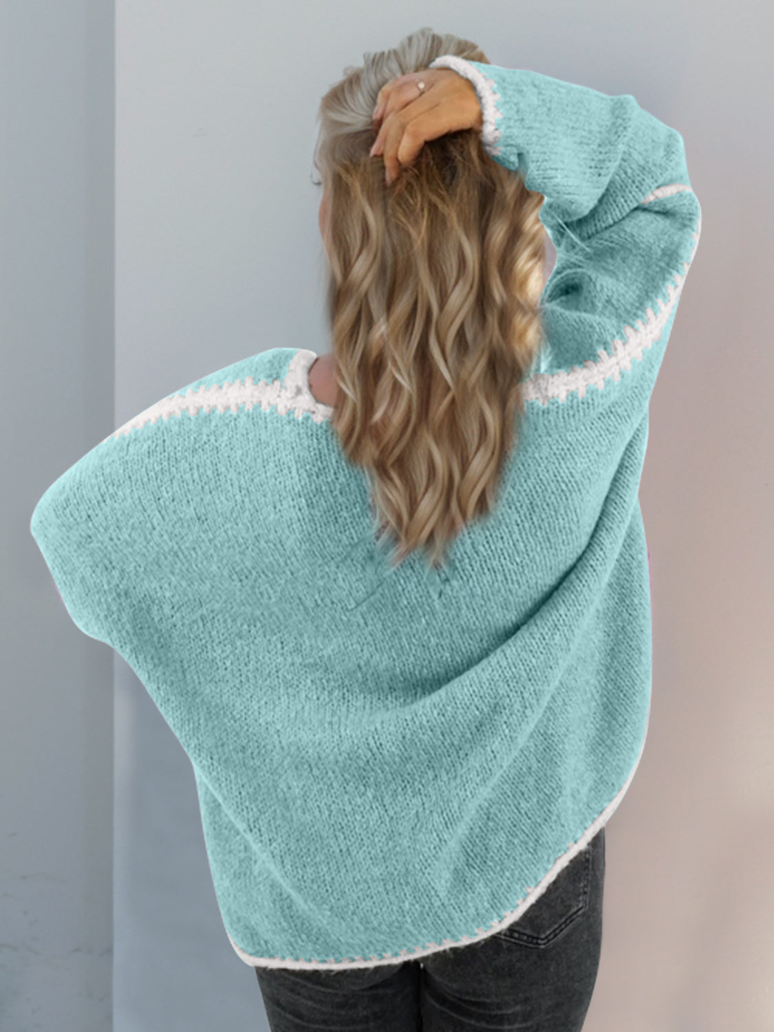 Back To School Sweater - Double Take Contrast Open Front Dropped Shoulder Cardigan