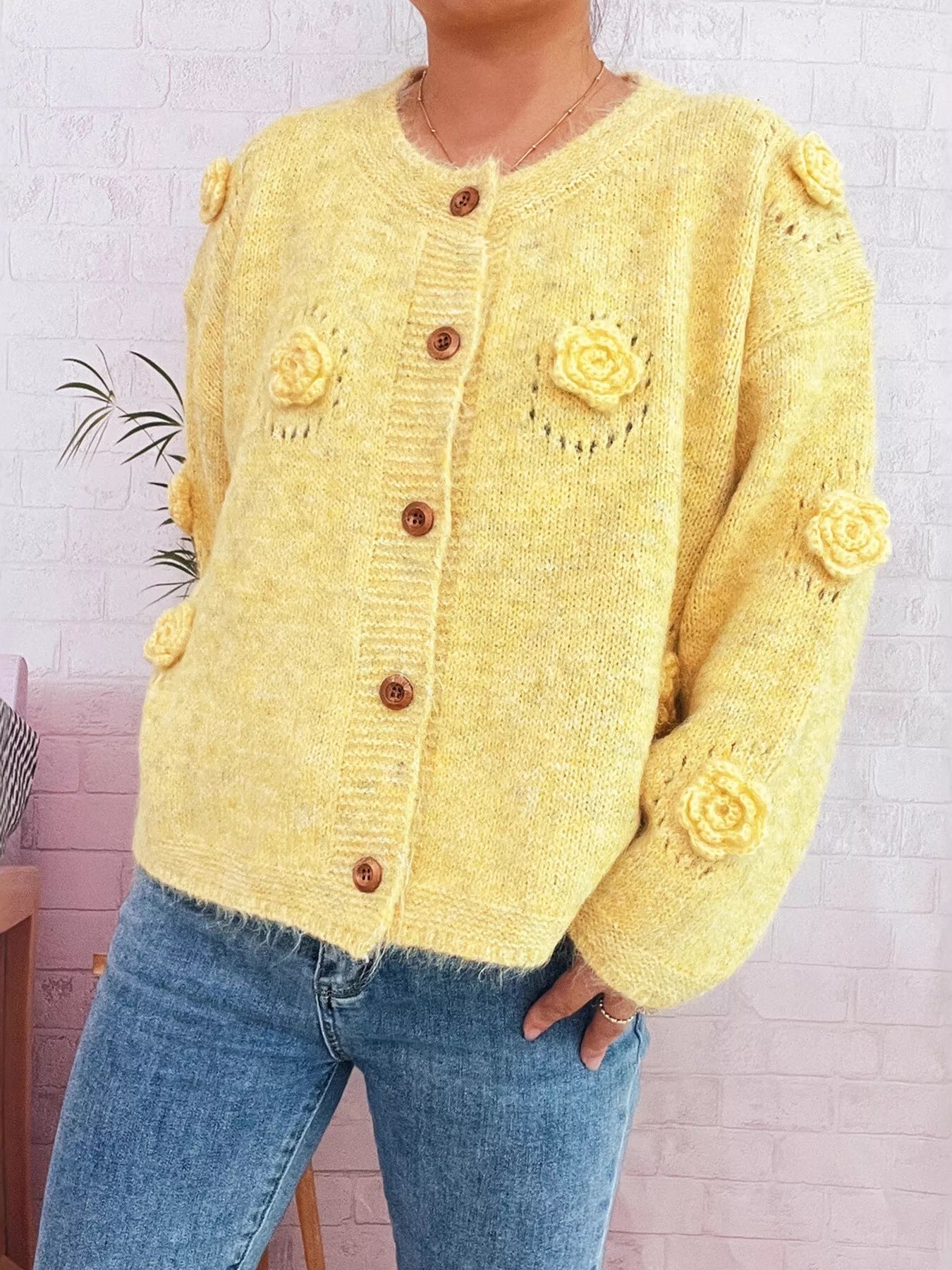 Flower Button-Up Cardigan Yellow One Size