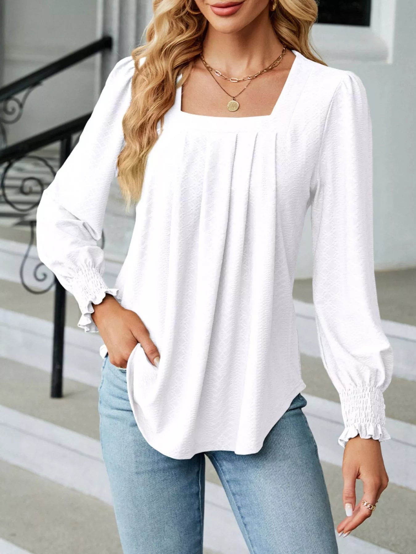 Pleated Square Neck Long Sleeve Top White