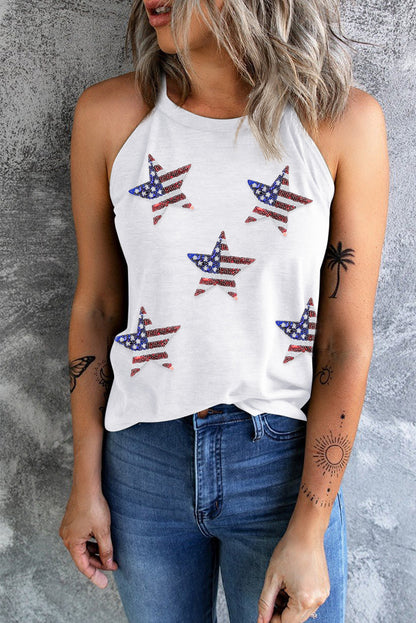 Sequin US Flag Star Grecian Neck Tank White