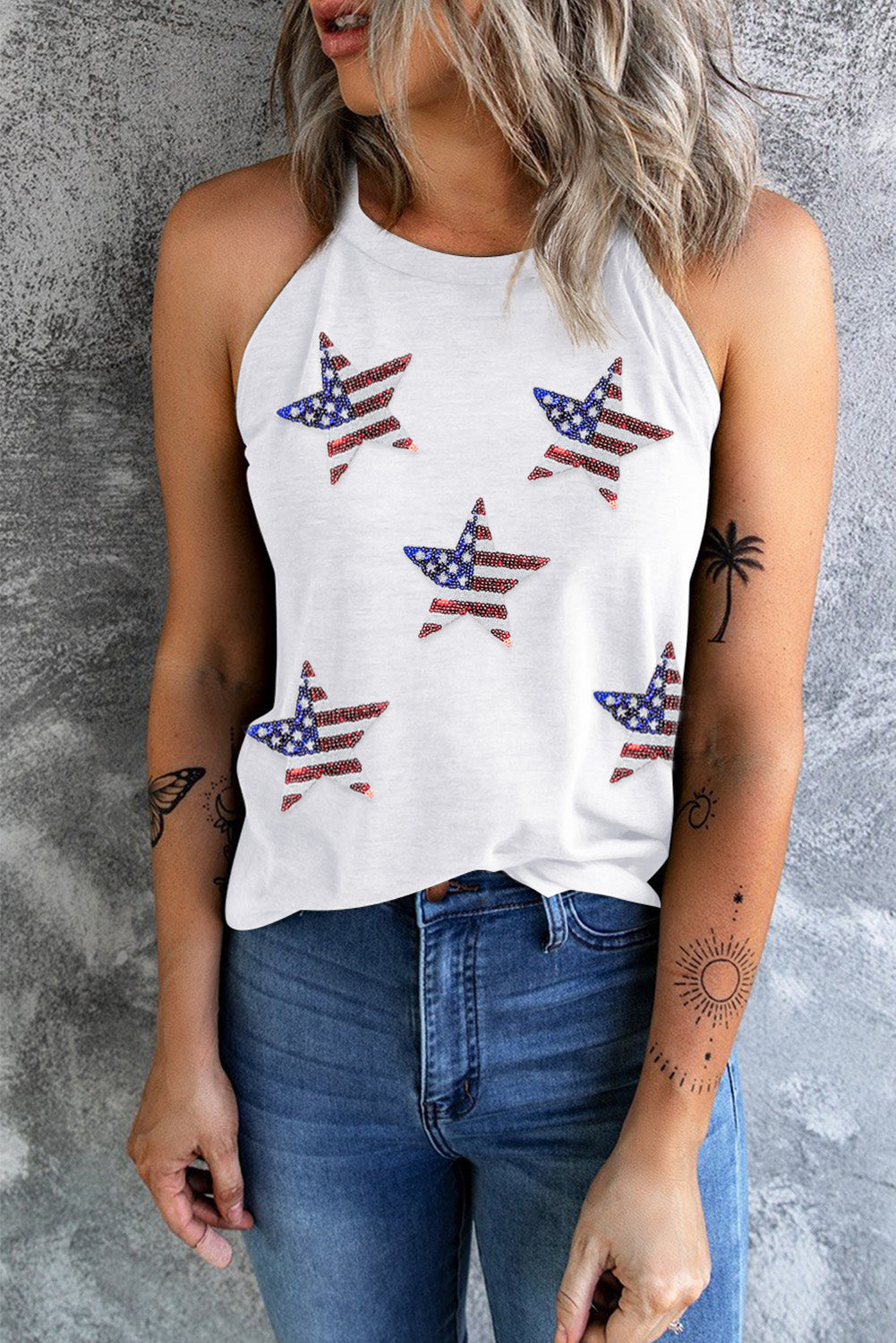 Sequin US Flag Star Grecian Neck Tank White