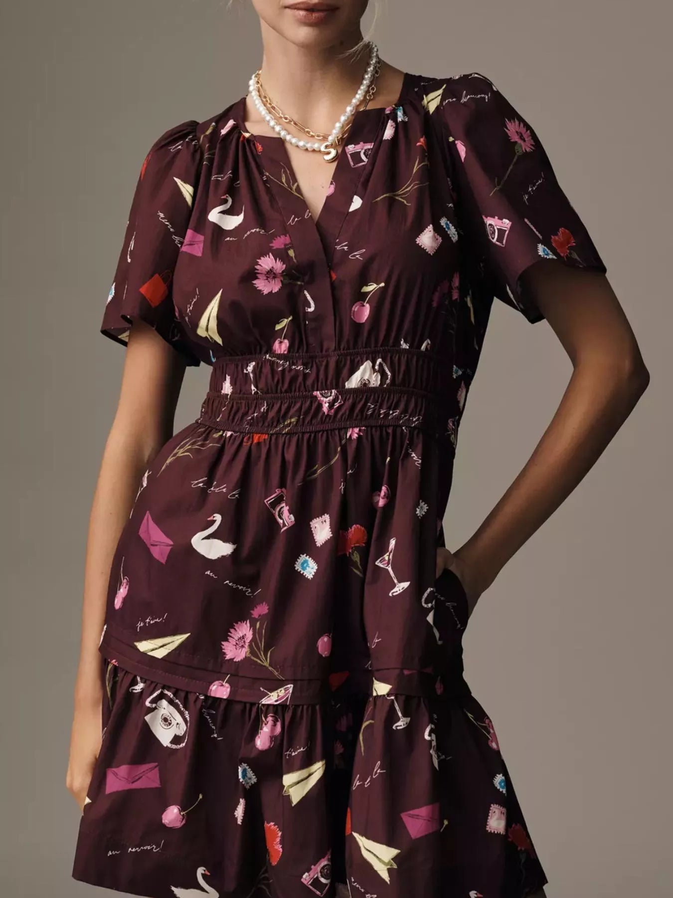 Printed Notched Short Sleeve Dress Burgundy