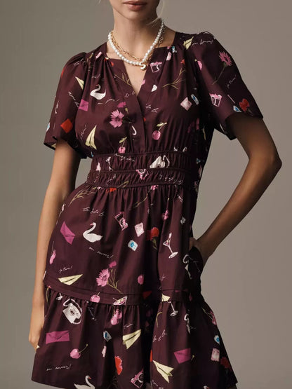 Printed Notched Short Sleeve Dress Burgundy