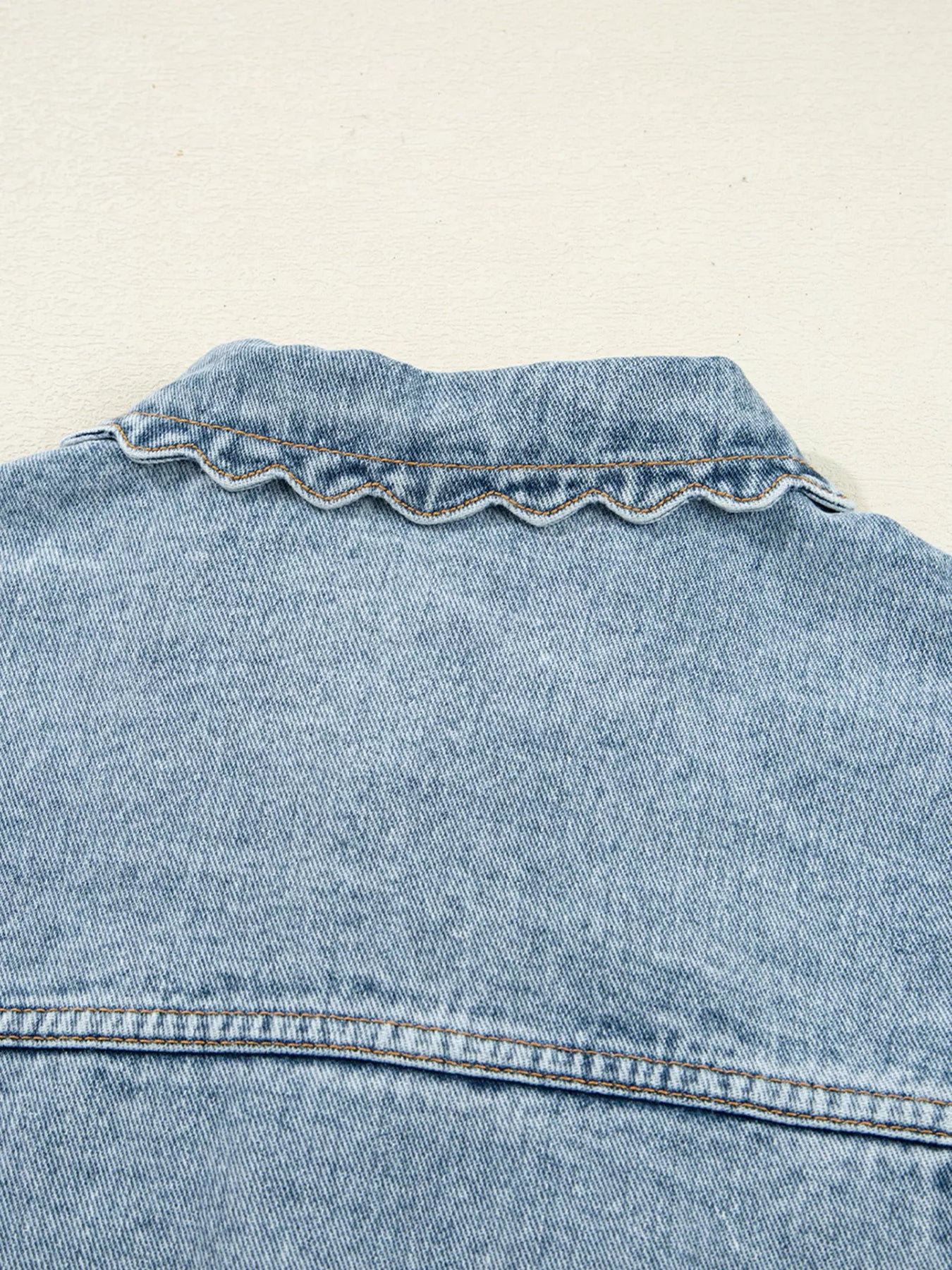 Scallop Trim Collar Patched Pocket Button Up Denim Jacket