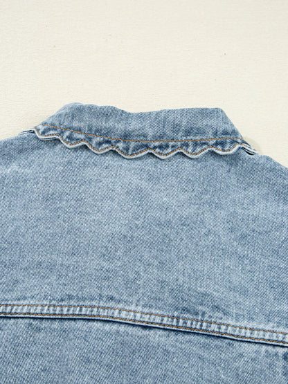 Scallop Trim Collar Patched Pocket Button Up Denim Jacket