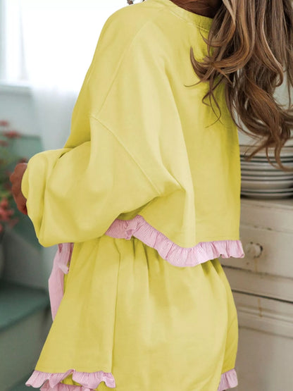 Contrast Frill Hem Round Neck Top and Shorts Set