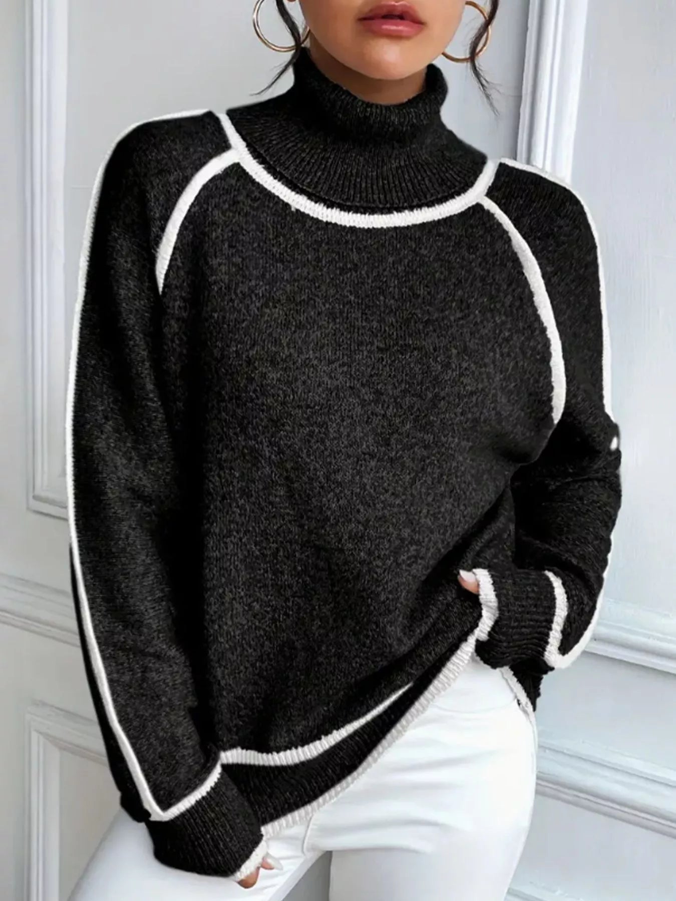 Full Size Turtleneck Contrast Trim Sweater Plus Size
