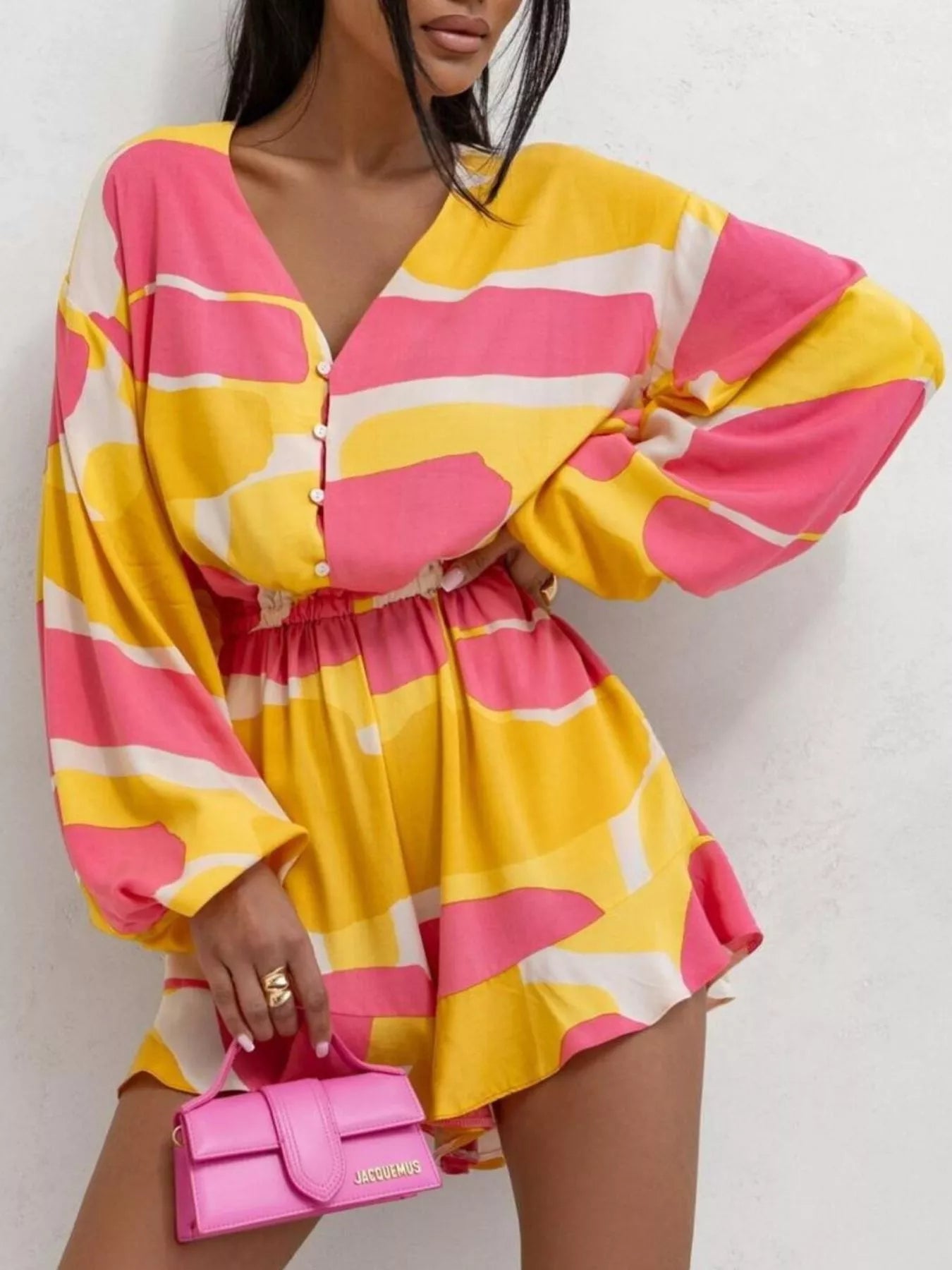 Floral V-Neck Long Sleeve Romper with Elastic Waist