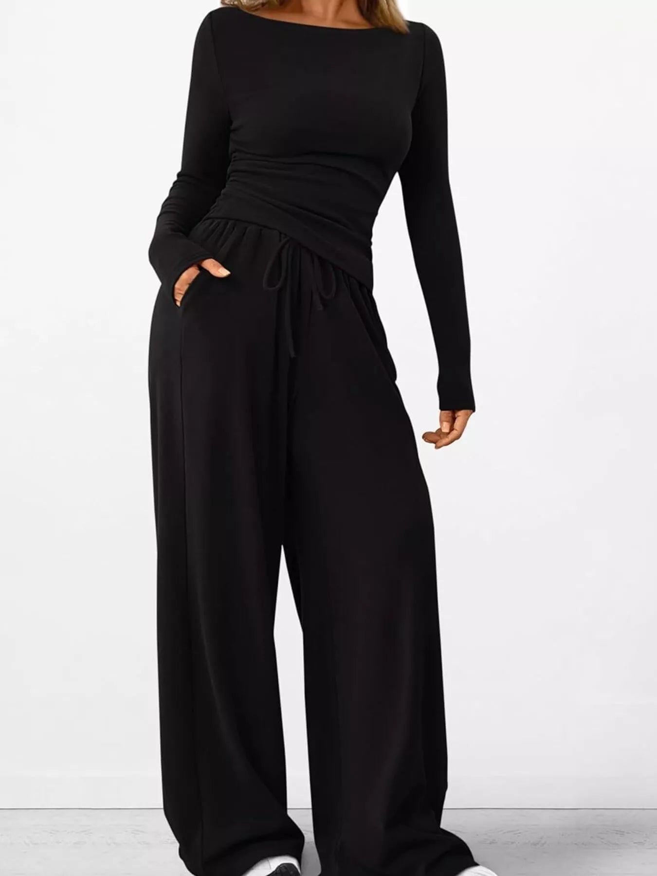Long Sleeve Top and Wide Leg Pants Set Black