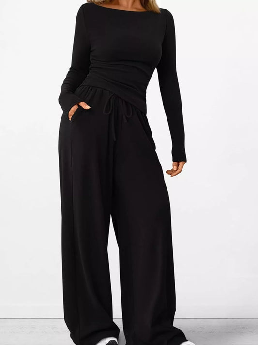 Long Sleeve Top and Wide Leg Pants Set Black