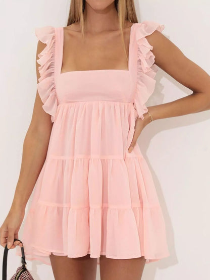 Ruffled Square Neck Tiered Dress Pink