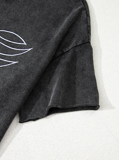 Floral Embroidered Mineral Wash Crew Neck T Shirt