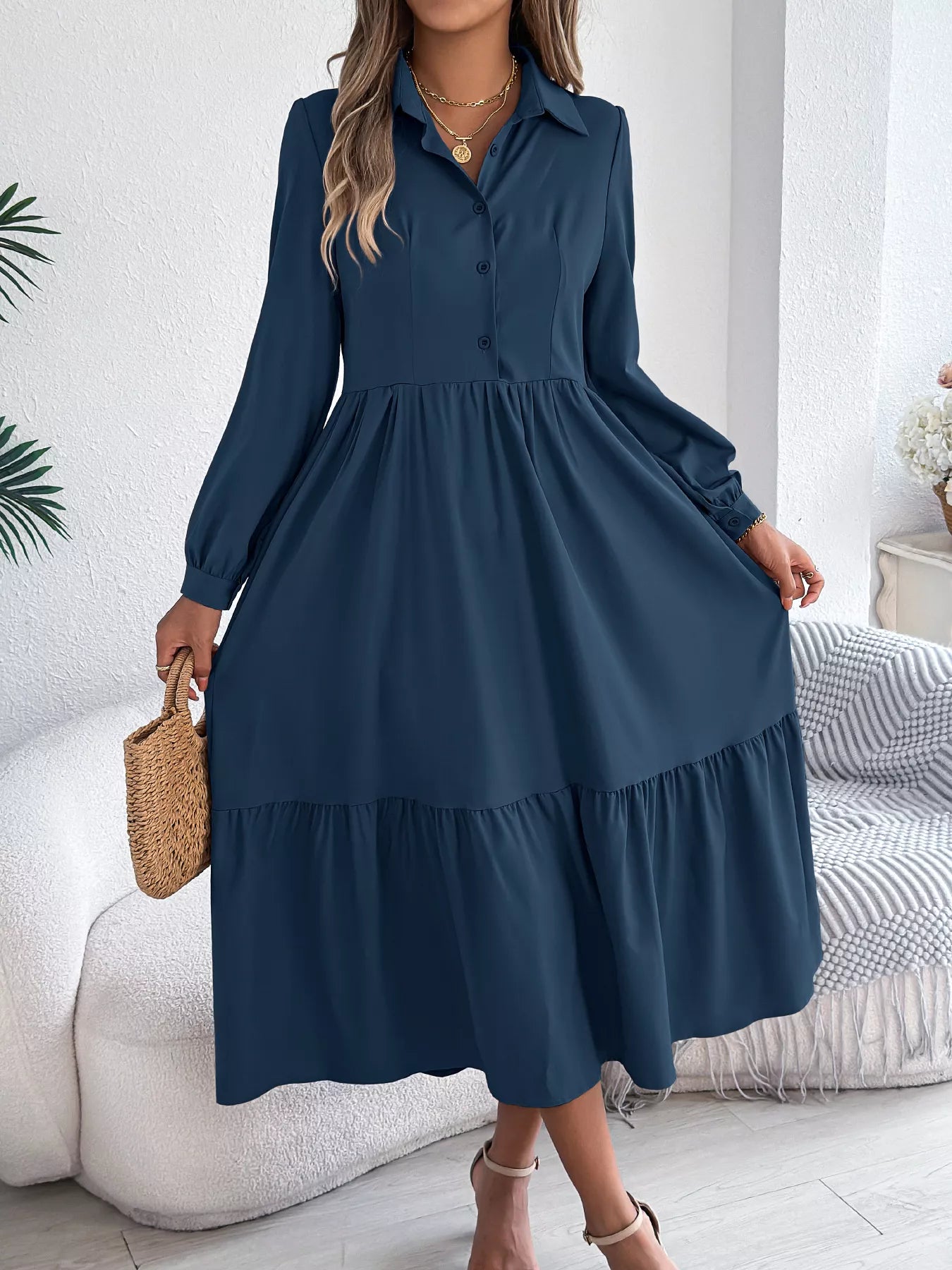 Long Sleeve Tiered Button Front Midi Dress