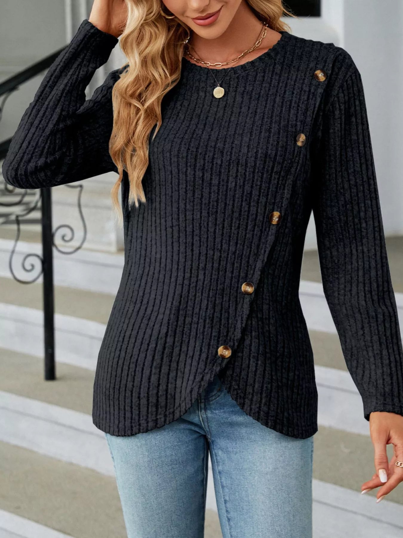 Ribbed Knit Decor Button T-Shirt Black Forest