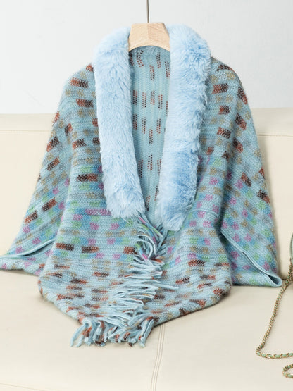Fringe Fuzzy Open Front Poncho Pastel Blue One Size