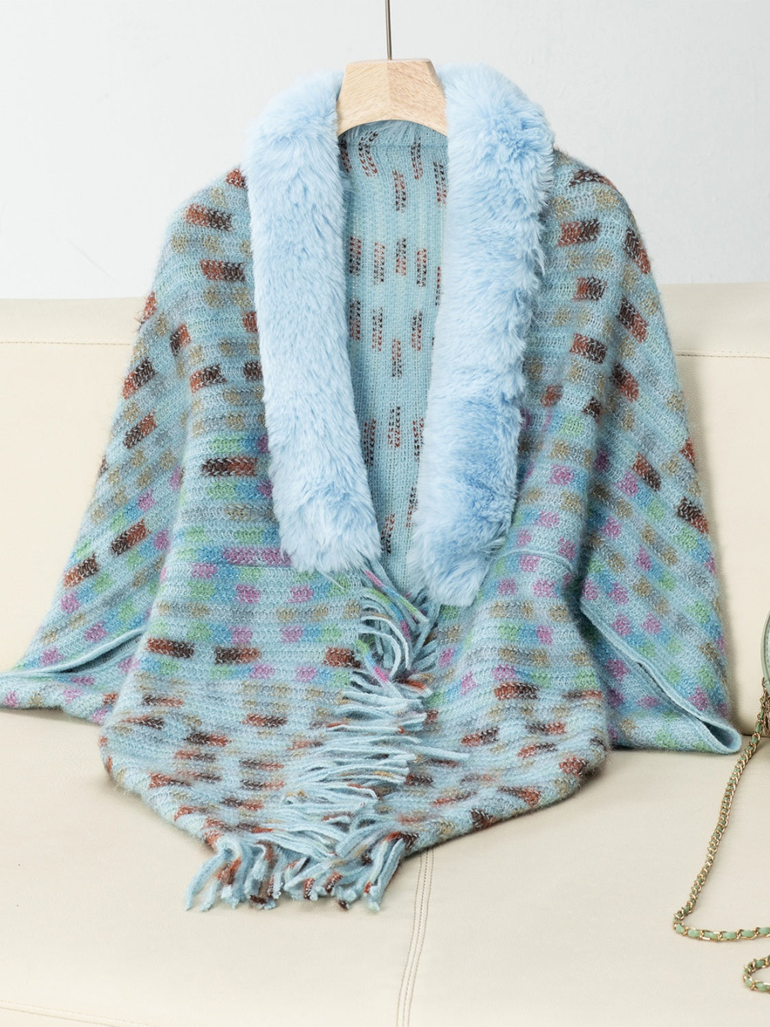 Fringe Fuzzy Open Front Poncho Pastel Blue One Size