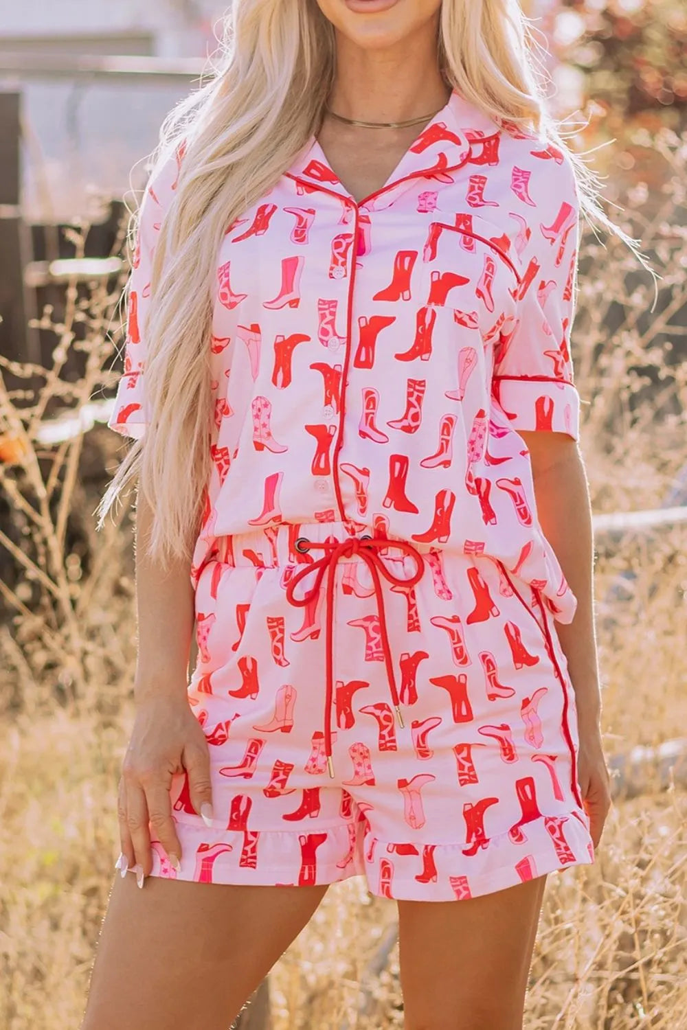 Cowgirl Boots Printed Shirt and Shorts Set Pink