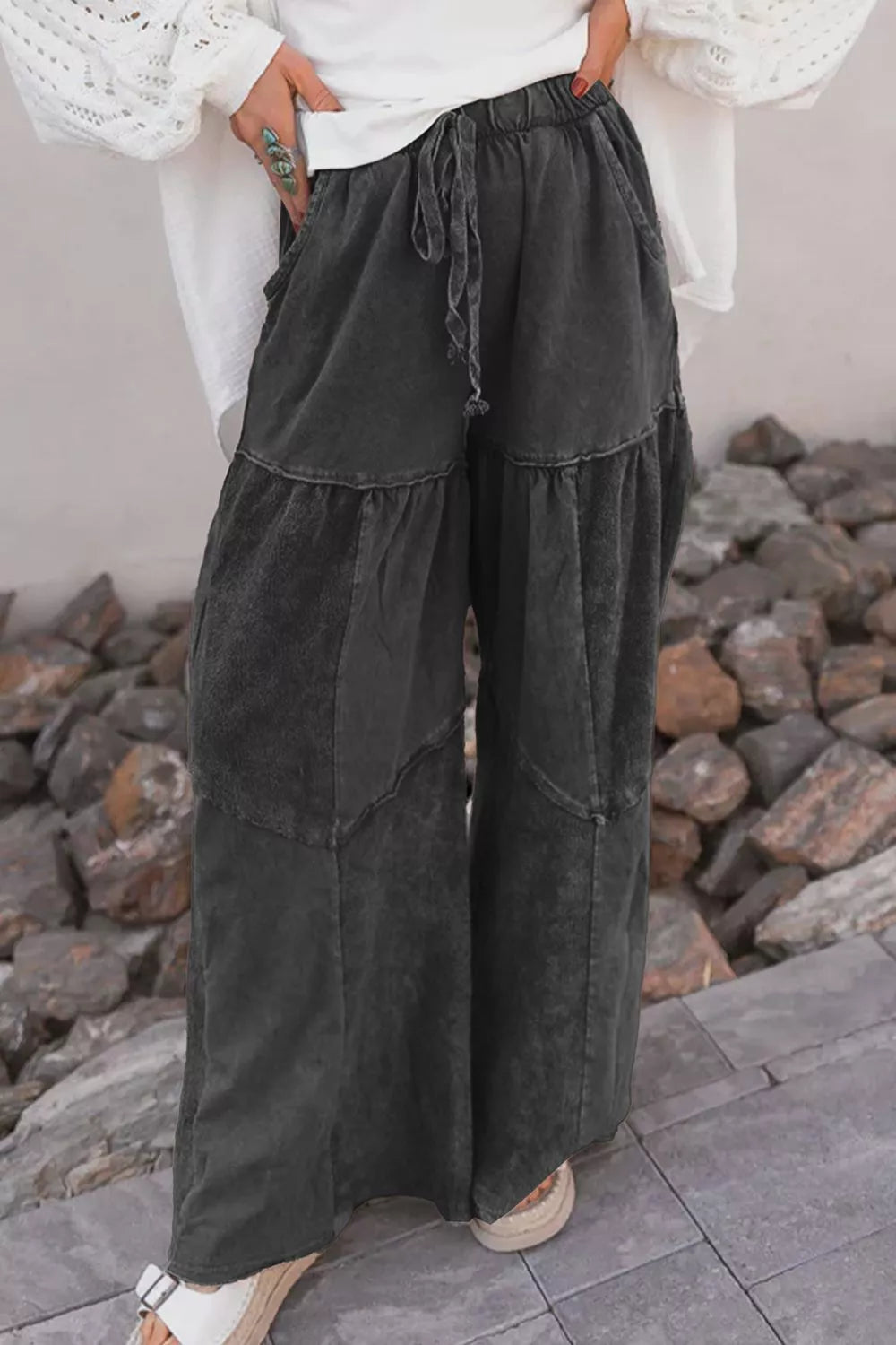 Mineral Wash Tiered Wide Leg Patchwork Drawstring Pants Black