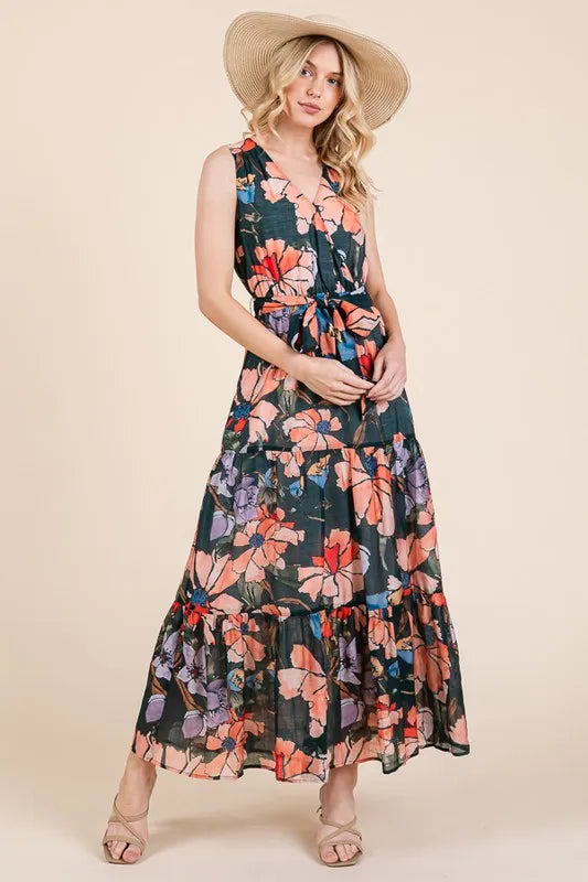 Lime 'N' Chili Floral Print Sleeveless Tie Waist Maxi Dress