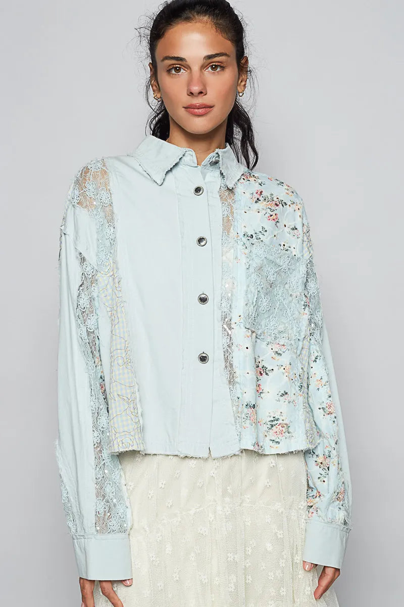 POL Floral Long Sleeve Shirt with Lace Panel Details Pastel Blue