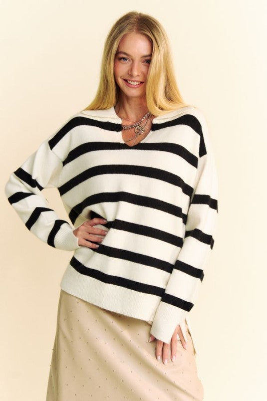 Back To School Sweater - Davi & Dani High-Low Side Slit Striped Johnny Collar Sweater White