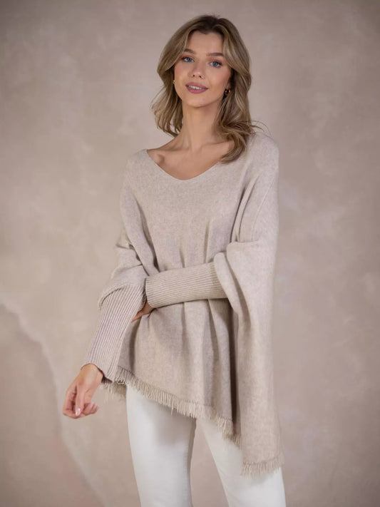 Raw Hem V-Neck Sweater Apricot One Size