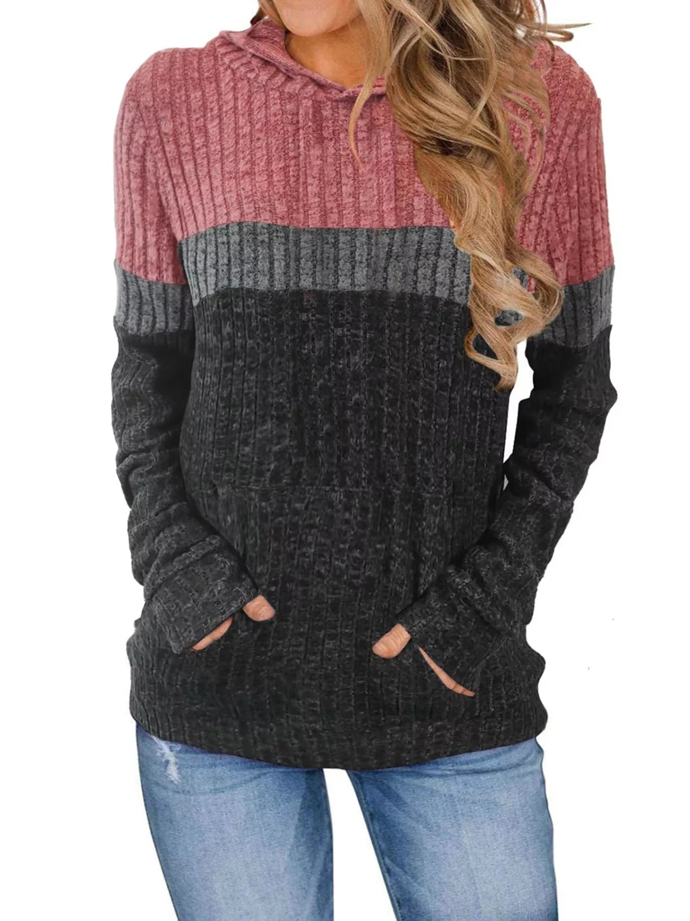 Full Size Color Block Ribbed Knit Hoodie Plus Size Fuchsia Pink