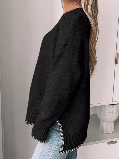 Slit Contrast Trim Round Neck Sweater